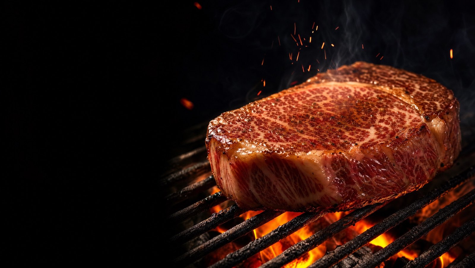 Corte de carne premium com marmoreio evidente na grelha, sobre brasas